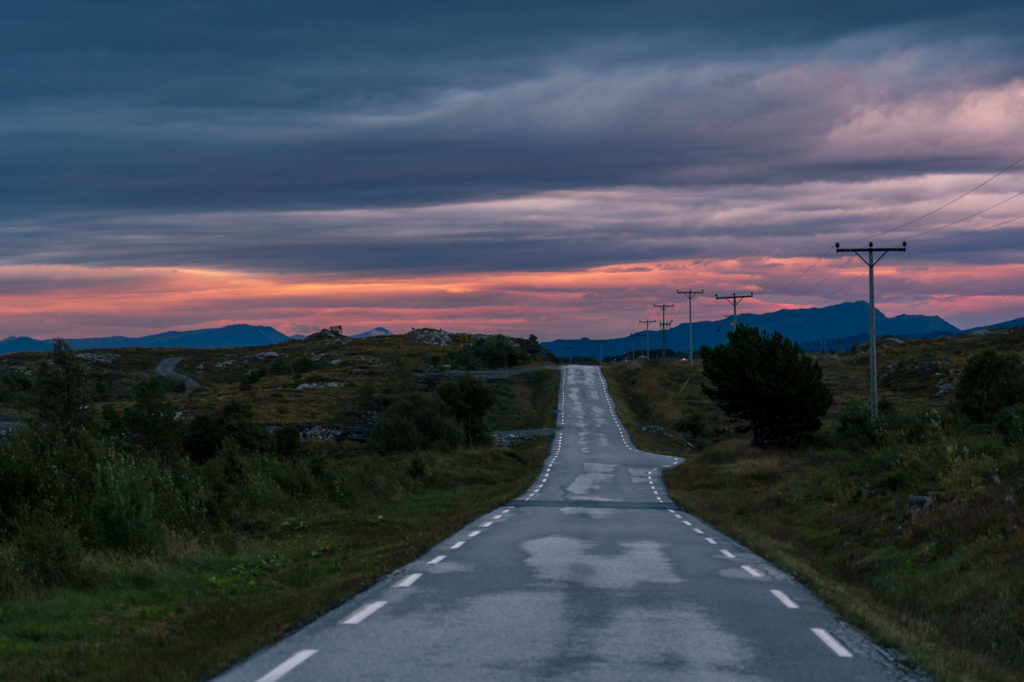 Sunset over Fylkesvei 242 nearby Vevang